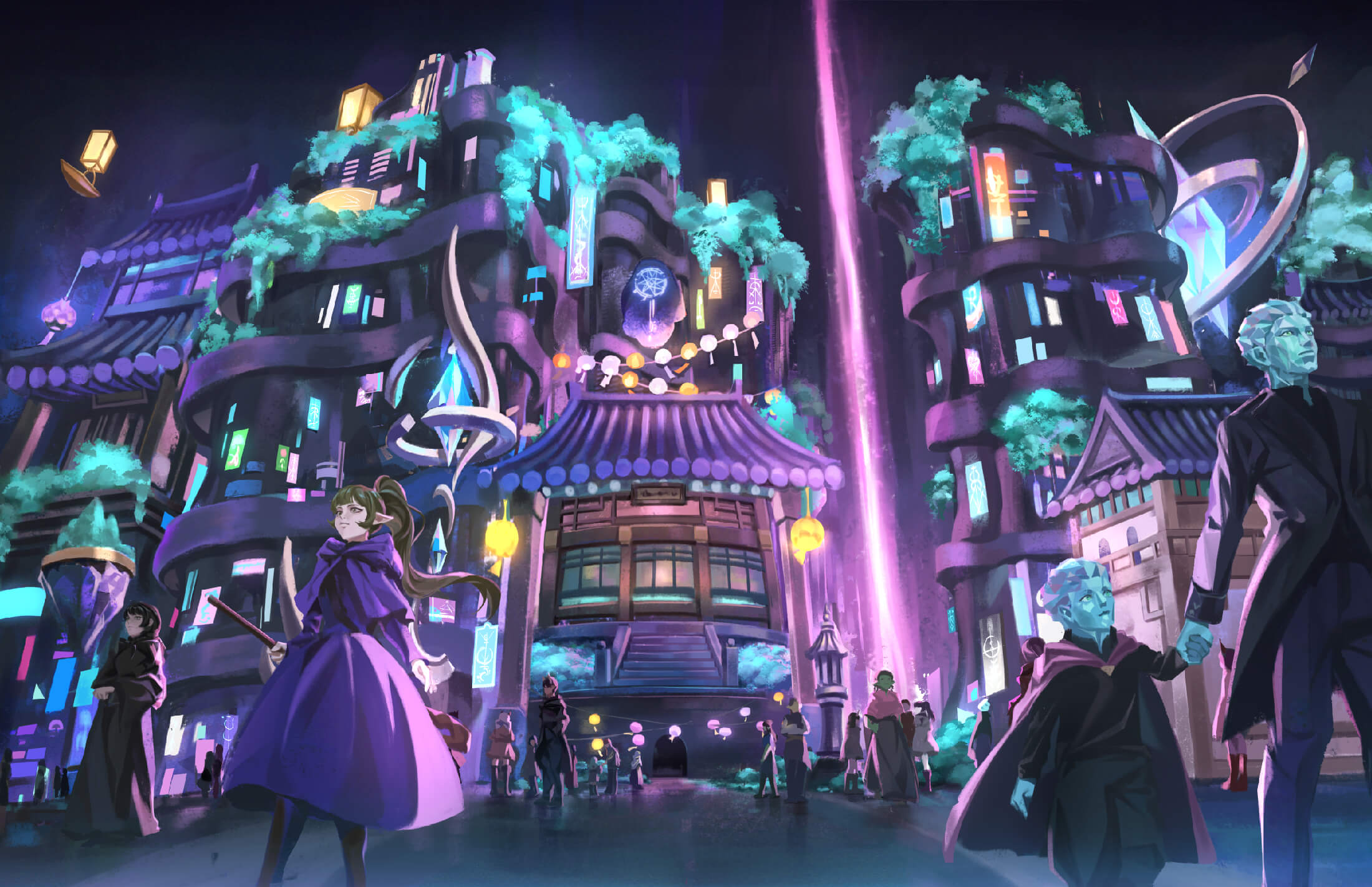 Neon-lit fantasy city street at night with idol-warriors